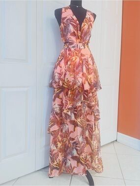 LILLY’S KLOSET ~ Sleeveless Pink Tropical Tiered Lined Front Slit Maxi Dress